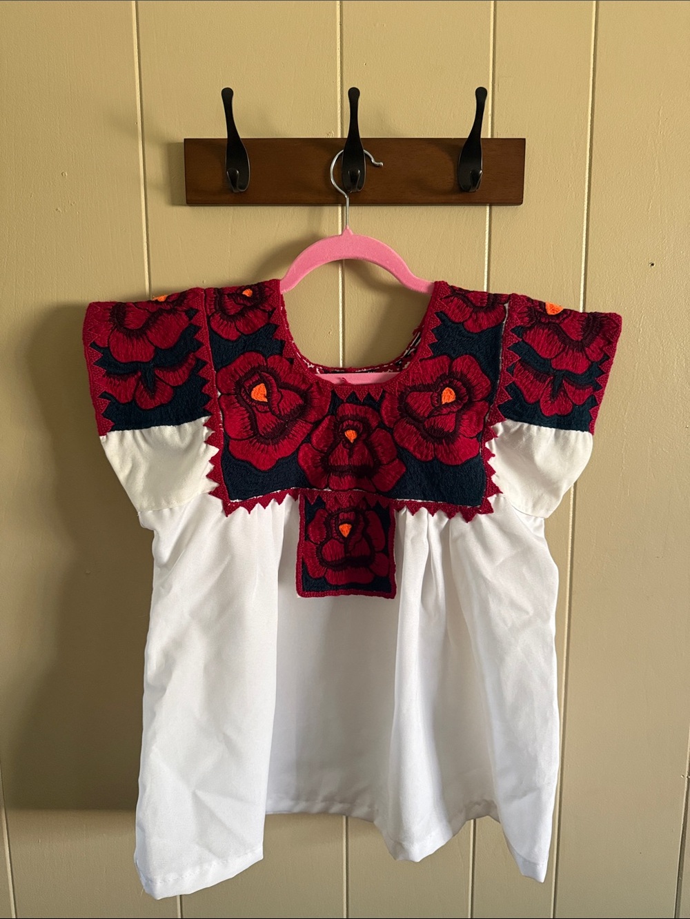 Genuine Artisan Handmade White Embroidered Blouse with Red Floral from Oaxaca